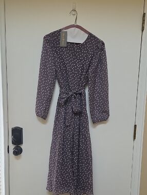 Polka Dot Midi Tie-Waist Dress - Dusty Brown